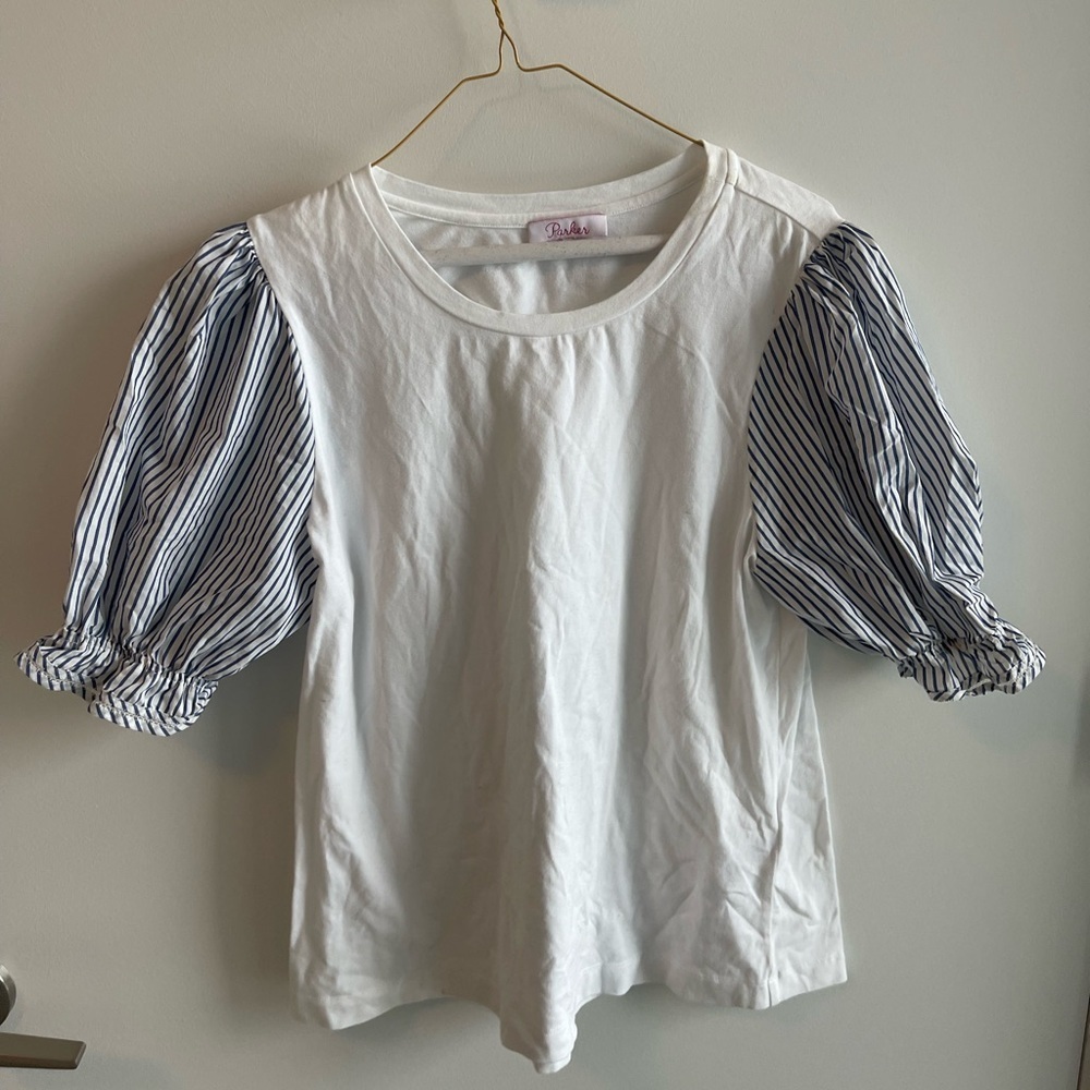 Parker White Top with Striped Puff Sleeves